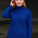 Kadın Balıkcı Yaka Bağazlı Triko Kazak Pamuklu Kalın Fitilli Dokuma - Saks Mavisi