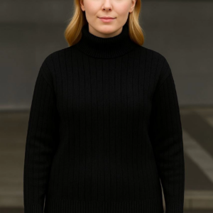 Kadın Balıkcı Yaka Bağazlı Triko Kazak Pamuklu Kalın Fitilli Dokuma - Siyah