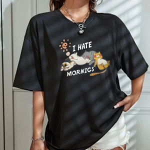 Kadın Bisiklet Yaka Baskılı Oversize T-Shirt - Siyah