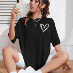 Kadın Bisiklet Yaka Baskılı Oversize T-Shirt - Siyah