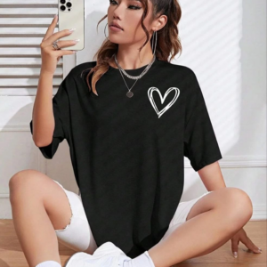 Kadın Bisiklet Yaka Baskılı Oversize T-Shirt - Siyah