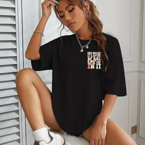 Kadın Bisiklet Yaka Baskılı T-shirt - Siyah