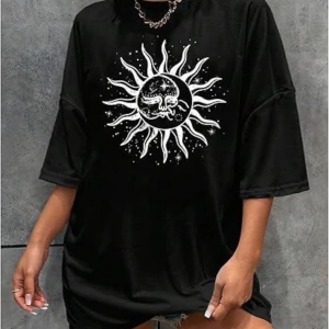 Kadın Bisiklet Yaka Baskılı T-shirt - Siyah