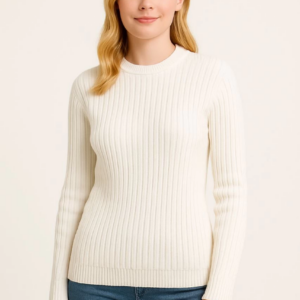 Kadın Bisiklet Yuvarlak Yaka Triko Kazak Pamuklu Kalın Fitilli Dokuma Regular Fit - Beyaz