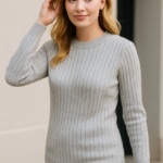 Kadın Bisiklet Yuvarlak Yaka Triko Kazak Pamuklu Kalın Fitilli Dokuma Regular Fit - Gri