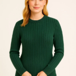 Kadın Bisiklet Yuvarlak Yaka Triko Kazak Pamuklu Kalın Fitilli Dokuma Regular Fit - Haki