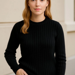 Kadın Bisiklet Yuvarlak Yaka Triko Kazak Pamuklu Kalın Fitilli Dokuma Regular Fit - Siyah