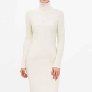 Kadın Boğazlı Triko Elbise Uzun Fitilli Esnek Dokuma Tam Kalıp Baharlık 130 cm - Beyaz