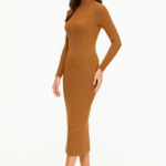 Kadın Boğazlı Triko Elbise Uzun Fitilli Esnek Dokuma Tam Kalıp Baharlık 130 - Kahverengi