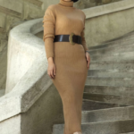 Kadın Boğazlı Uzun Fitilli Triko Dokuma Elbise - Kahverengi