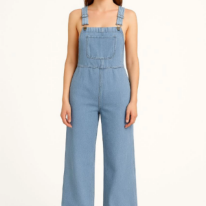 Kadın Chambray Açık Mavi Denim Görünümlü Geniş Paça Salopet Tulum - Mavi