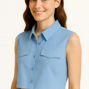 Kadın Crop Poplin Gömlek Yalancı Cepli Ayarlanabilir Yan Kordonlu - Bebe Mavisi