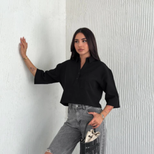 Z Krep Kadın Crop Yakalı Gömlek İlik Düğmeli Üç Çeyrek Sleeve Kol - Siyah