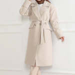 Kadın Kaşe Kaban Uzun Boy Kruvaze Yaka Kuşaklı Tesettür Kaşe Kaban Astarlı Yünlü - Bej