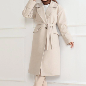 Kadın Kaşe Kaban Uzun Boy Kruvaze Yaka Kuşaklı Tesettür Kaşe Kaban Astarlı Yünlü - Bej