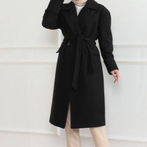 Kadın Düğmeli İçi Astarlı Kaşmir Kaşe Kaban - Siyah