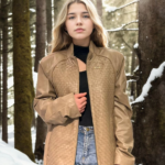 Kadın Fileli Deri Ceket - Krem