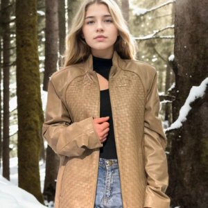 Kadın Fileli Deri Ceket - Krem