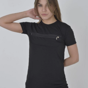 Kadın Göğüste Fermuar Aksesuarlı Dar Kalıp T-Shirt - Siyah