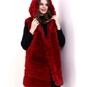 Kadın Kapşonlu Peluş Kürk Yelek Premium Kalite Tam Astarlı Uzun Model - Kırmızı