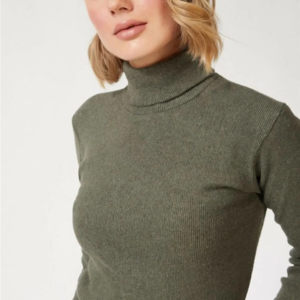 Kadın Kaşkorse Boğazlı Full Likralı Fitilli Body Kazak - Haki