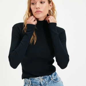 Kadın Kaşkorse Boğazlı Full Likralı Fitilli Body Kazak - Siyah