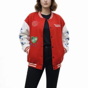 Kadın Kırmızı Varsity Çıtçıtlı Baskılı Oversize kalıp Kolej Ceket - Kırmızı