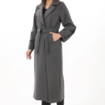 Kadın Uzun Kaşe Kaban Yünlü Dokuma Kaşmir Kruvaze Yaka Kuşaklı Astarlı Tesettür - Füme