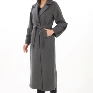 Kadın Uzun Kaşe Kaban Yünlü Dokuma Kaşmir Kruvaze Yaka Kuşaklı Astarlı Tesettür - Füme