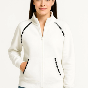 Kadın Oversize Dik Yaka Fermuarlı Sweatshirt - Zincir Nakışli Kanguru Cepli, - Beyaz