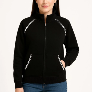 Kadın Oversize Dik Yaka Fermuarlı Sweatshirt - Zincir Nakışli Kanguru Cepli, - Siyah