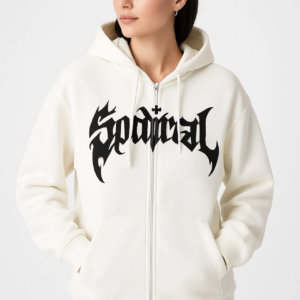 Kadın Kapüşonlu 3 İplik Şardonlu Önü Baskılı Fermuarlı Oversize Sweatshirt - Beyaz