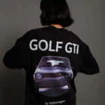 Kadın Oversize Baskılı Tişört Golf GTI Retro Araba Desenli Ön Arka Dijital Baskı - Siyah