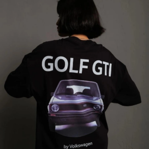 Kadın Oversize Baskılı Tişört Golf GTI Retro Araba Desenli Ön Arka Dijital Baskı - Siyah