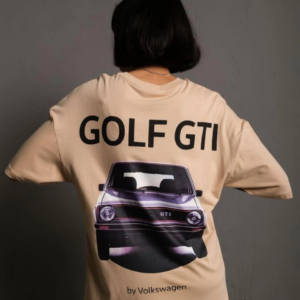 Kadın Oversize Baskılı Tişört Golf GTI Retro Araba Desenli Ön Arka Dijital Baskı - Bej