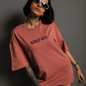 Kadın Oversize Baskılı Tişört Golf GTI Retro Araba Desenli Ön Arka Dijital - Gül Kurusu