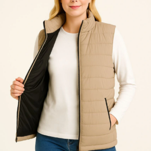 Kadın Şişme Fermuarlı Yelek Su itici Kapitone Astarlı Cepli Hafif Spor Kalıp - Bej