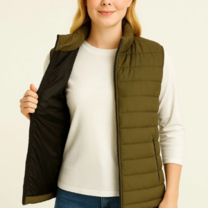 Kadın Şişme Fermuarlı Yelek Su itici Kapitone Astarlı Cepli Hafif Spor Kalıp - Haki