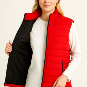 Kadın Şişme Fermuarlı Yelek Su itici Kapitone Astarlı Cepli Hafif Spor Kalıp - Kırmızı