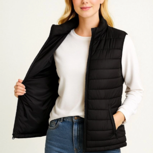 Kadın Şişme Fermuarlı Yelek Su itici Kapitone Astarlı Cepli Hafif Spor Kalıp - Siyah