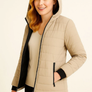 Kadın Şişme Kapüşonlu Fermuarlı Mont Su itici Kapitone Astarlı Kumaş Cepli Kışlık Rahat Kalıp - Bej