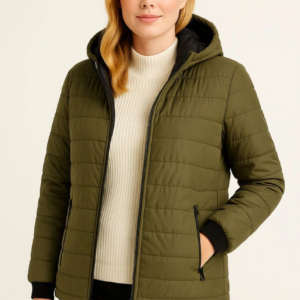 Kadın Şişme Kapüşonlu Fermuarlı Mont Su itici Kapitone Astarlı Cepli Kalıp - Haki