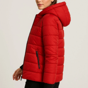 Kadın Şişme Kapüşonlu Fermuarlı Mont Su itici Kapitone Astarlı Cepli Kalıp - Kırmızı