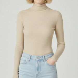 Kadın Tam Boğazlı Fitilli Likrali Kaşkorse Badi İnce Uzun Kollu Kazak - Bej