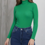 Kadın Tam Boğazlı Fitilli Likrali Kaşkorse Badi İnce Uzun Kollu Kazak - Çimen Yeşili