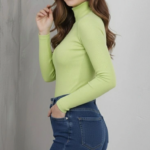 Kadın Tam Boğazlı Fitilli Likrali Kaşkorse Badi İnce Uzun Kollu Kazak - Mint Yeşili