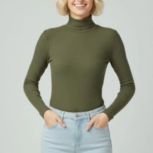 Kadın Tam Boğazlı Fitilli Likrali Kaşkorse Badi İnce Uzun Kollu Rahat Kazak - Haki