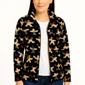 Kadın Tam Fermuarlı Desenli Polar Sweat Siyah Multicolor Figür Desen Yakalı Uzun - Siyah