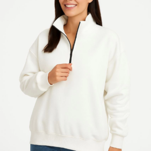 Kadın Üç İplik Dık Yaka Yarım Fermuarlı SweatShirt - Beyaz