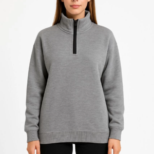 Kadın Üç İplik Dık Yaka Yarım Fermuarlı SweatShirt - Gri